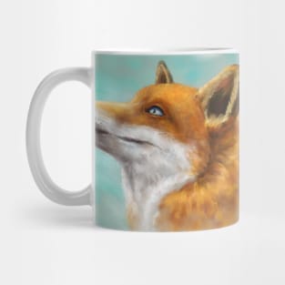 Painting of a Red Fox Looking to the Left with Turquoise Background Mug